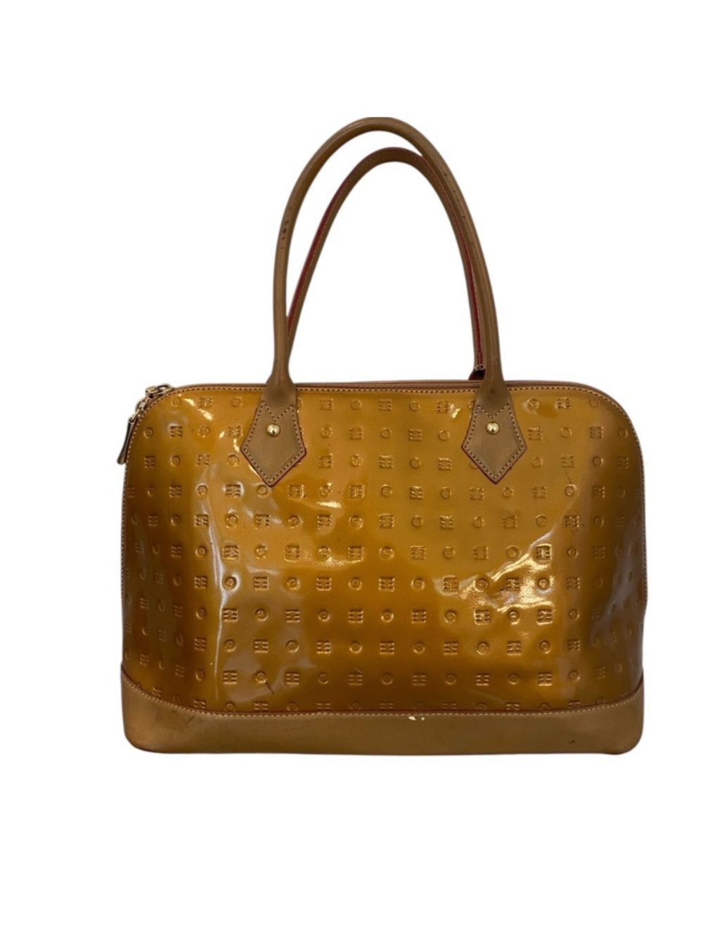 Arcadia Womens Gold Patent Leather Satchel Purse Medium Y2k Vintage Top Handle - Picture 8 of 14
